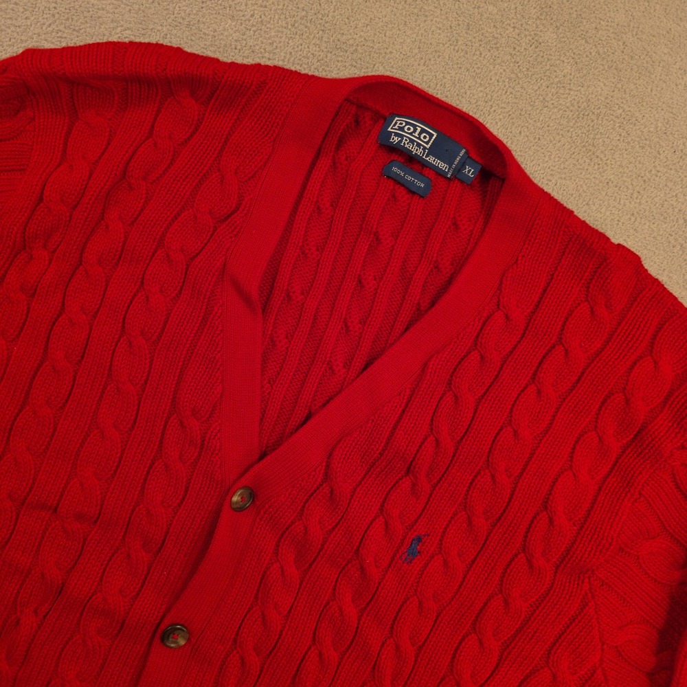 Polo Ralph Lauren Cardigan Mens XL Red Cable Knit Preppy Classic Streetwear